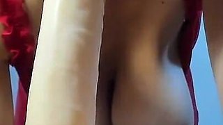 Hot Brunette with Big Natural Tits Sucks Huge Dildo!