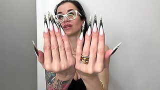 The New Nail Shape Is Even Longer, Sharp Stilettos, Long Fingers and Handjobs with Spit, Palms Wide, Black Tight Dress on
