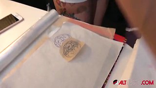 Hot tattooed babe Mara Martinez gives deepthroat blowjob and gets fucked doggystyle