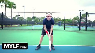 Mylf - Amazing Blonde Milf With Huge Booty Lifts Her Mini Tenis Skirt And Sits On Lucky Stud