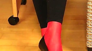 Red Stockings, High Heels & Black Leggings Tease