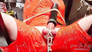 Merciless Cock Milking (tight Shiny Red Plastic Mummificaton and Remote Anal Stimulation)