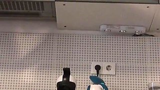 Two Beautiful Horny Tight Hot Sexy Raver Girls in Denim Skirt and Latex Mini Skirt Share the Same Kitchen