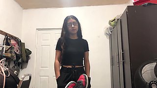 Cute Latina with glasses fucked hard in the dorm and gets cum on her face