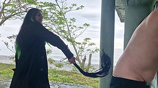 Great Walk to the Sea. Dominatrix Nika Fucked Her Submissive in the Ass and Mouth. Back Flogging, Femdom and BDSM.
