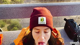 Naughty stranger seduced me with public blowjob in mountain cableway and begged to cum in mouth