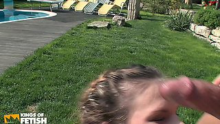 Horny Man Fucks Pussy and Mouth of a Cute Teen Outside After Licking Her Deep