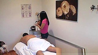 Chubby asian masseuse enjoys clients sperm