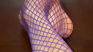 Really Sexy Legs with Tiny Feet with Long Toes in Purple Fishnet Stocking
