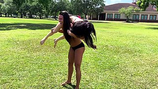 Amateur brunette masturbating outdoors