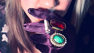BBW Smoker Tina Snua Wears Purple Satin Gloves & Jewellery & Tip To Tail 2 Cigarettes - Domme Smoking BBW OMI OME