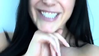 Busty curly brunette with big boobs fucks on couch