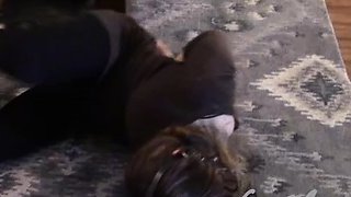 Small tit brunette amateur tugs on a big willie