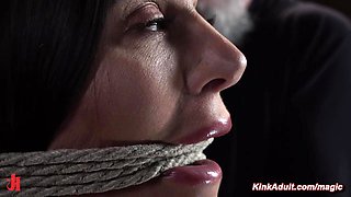 Busty slave tied and gagged and caned