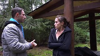 Two horny hikers fuck outside in the woods