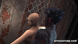 Bald 3D cartoon babe getting fucked by a monster