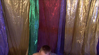 Colored hair Asian chick and a blonde babe get fucked together