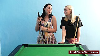 A Billiardgame gone crazy with two nude busty lesbians