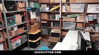 Crazy teen thief strapped up in the security guards office