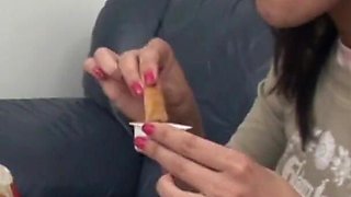 Young couple enjoying fast food before engaging in dirty mischief