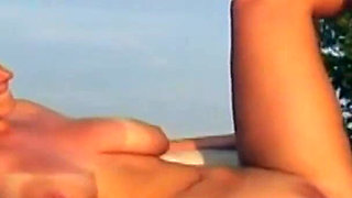 Busty blondie gets cum in mouth while fucking by the swimming pool