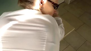 Delightful Wife In Glasses Pleasing Her Boss After Work