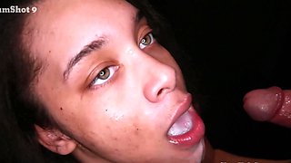 Girls sucking through a hole in the wall, swallowing cum in mouth