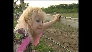 German blonde with big tits takes huge dick outdoors - anal and doggy style