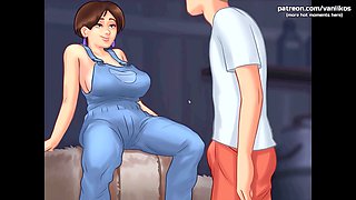 Busty step-aunty gives her 19-year-old step-nephew an adult breastfeeding and titty job