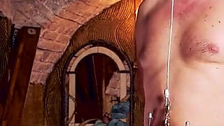 Whipping on restrained dick