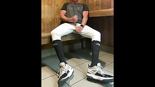 Buff Jacked Jockdad87 Edges in Baseball Gear in the Sauna