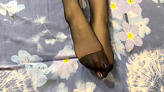Student Girl in Short Skirt and Black Stockings Did Handjob with Her Panties