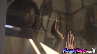 Ebony teenie shows her home and her snatch