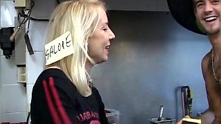 Mature French Blonde Fucked by Two Dudes in the Restaurant's Kitchen