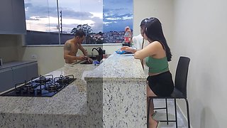 Fucking Hot Wife In The Kitchen Until She Cums, While The Cuckold Washes The Dishes