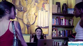 Busty brunette licked by two customer