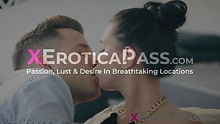 Curvy Kira Queen smiles with pleasure as her lover plays with her big breasts and curvy ass