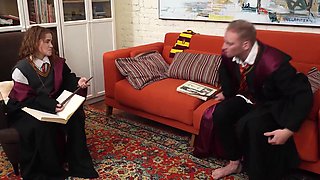 A nerd Harry Potter club turns into rough sex party when horney ruscle join it