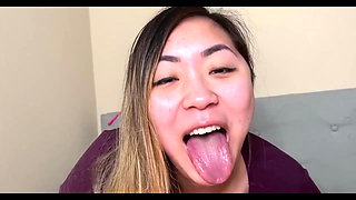 Asian girlfriend gives interracial blowjob