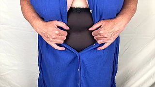 Mature lady returns home from church in stockings and ready to relax