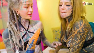 Alt-Girls Tattooed Lesbian Dildo Punk, Goth, Hippie, Spit Tongue