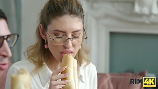 Pretty blonde Fanta Sie is sucking Falco White's hard boner and rimming his anal before he fucks her well