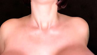 Busty curly brunette with big boobs fucks on couch
