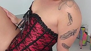 Orgasm on the Fuck Machine in a Red Corset