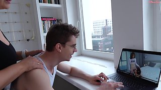 Happy guy jerking off to hardcore porn featuring me while simultaneously fucking me and cumming deep down my throat!