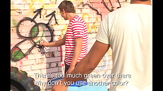 Five Skaters Hook up at the Edge of the City Park
