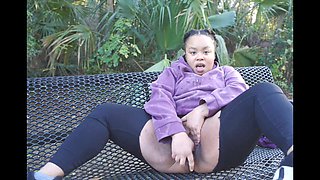 Ebony caught fucking outdoors, then finishes in the car!