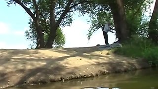 Lucky old fart and teen slut outdoor sex