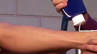 Beautiful blonde by the pool fucks a stranger's willing cock with her feet