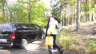 German Babe Sucks 2 Guys Outside Til They Cum in Her Mouth